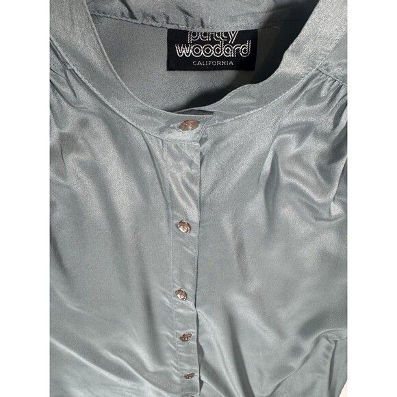 Vintage Sage Satin Blouse M L Band Collar 90s Minimalist Balletcore Silk Feel - Picture 5 of 5